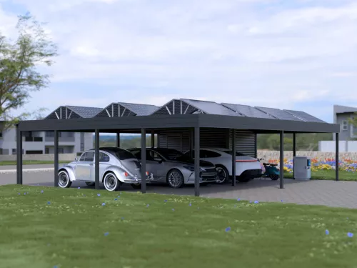 PV Carport mit Geräteschuppen